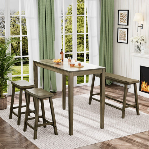 4-Piece Solid Wood Bar Table Set with Saddle Stools and Bench