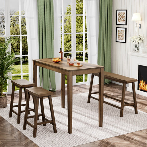 4-Piece Solid Wood Bar Table Set with Saddle Stools and Bench