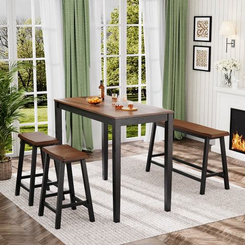 4-Piece Solid Wood Bar Table Set with Saddle Stools and Bench