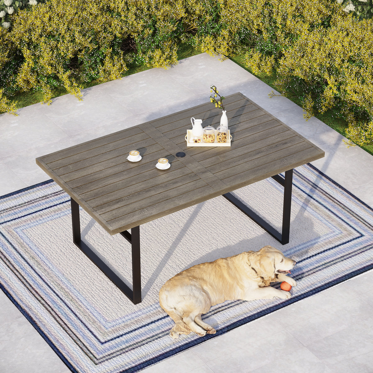 64" x 38" Wood-grain Patio Dining Table with U-shaped Legs