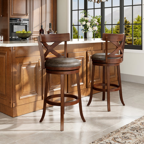 Phi Villa 360° Swivel Retro Wooden Bar Height Stools with Backs