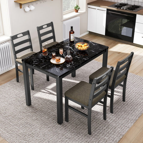 5-Piece Modern Farmhouse Dining Set with Faux Marble Tabletop & Rubber Wood Chairs