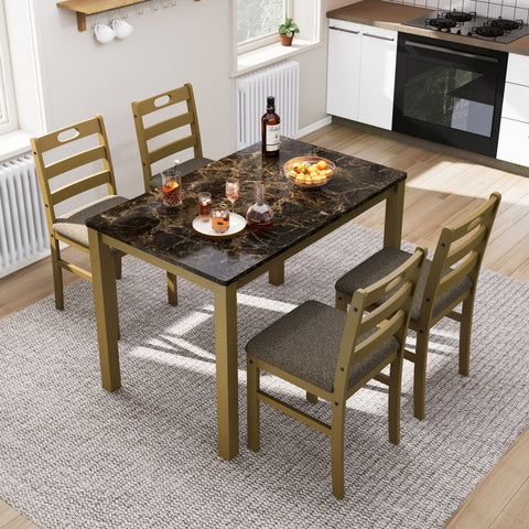 5-Piece Modern Farmhouse Dining Set with Faux Marble Tabletop & Rubber Wood Chairs