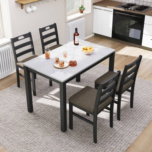 5-Piece Modern Farmhouse Dining Set with Faux Marble Tabletop & Rubber Wood Chairs