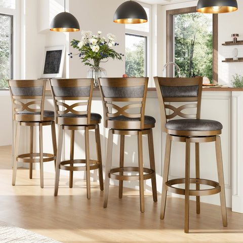 PHI VILLA Rustic Wood Bar Stool with Unique X-Shaped Upholstered Back for Kitchen