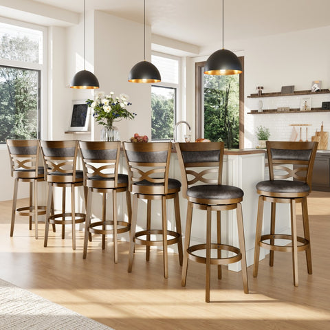 PHI VILLA Rustic Wood Bar Stool with Unique X-Shaped Upholstered Back for Kitchen