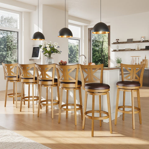 PHI VILLA 360° Swivel Farmhouse Wood Bar Stools with Patented K-Shaped Back