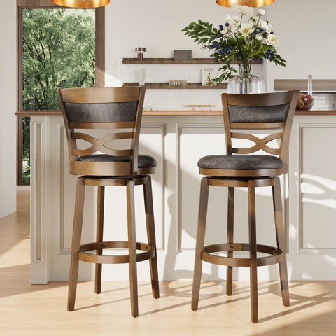 PHI VILLA Rustic Wood Bar Stool with Unique X-Shaped Upholstered Back for Kitchen