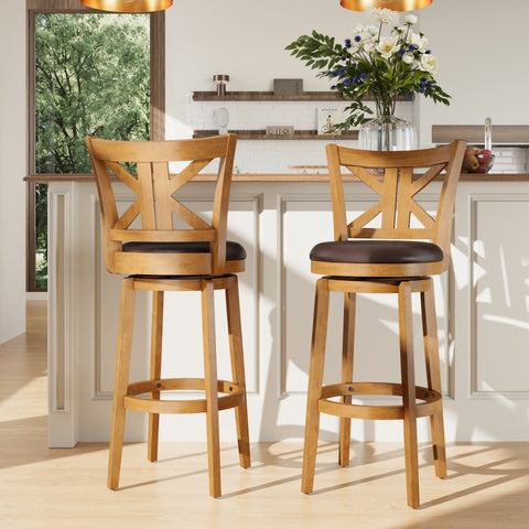 PHI VILLA 360° Swivel Farmhouse Wood Bar Stools with Patented K-Shaped Back