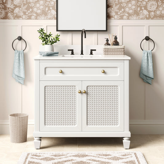 36" Free Standing Single Bathroom Vanity with Engineered Marble Top, Ceramic Sink, Backsplash