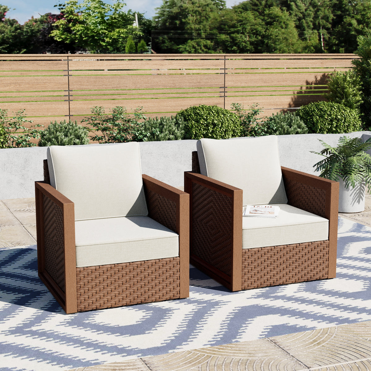 HDPE Patio Wicker Sofa Chairs With Cushions (Set of 2)