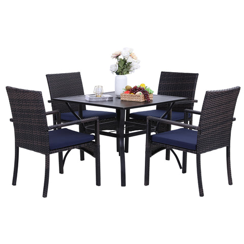 5-Piece Steel Square Table & 4 Rattan Cushion Chairs Outdoor Patio Dining Set