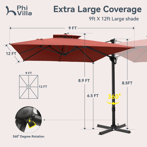 9X12ft Rectangular Outdoor Cantilever Offset Umbrella for Garden, Pool