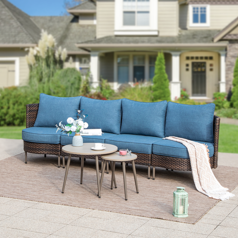 Outdoor Round Curved Wicker Conversation Sofa Set with Navy Cushions and 2 Coffee Tables