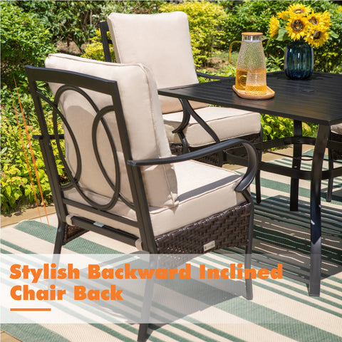 7-Piece Teak-grain Table & Rattan-steel Cushion Fixed Chairs Patio Dining Sets