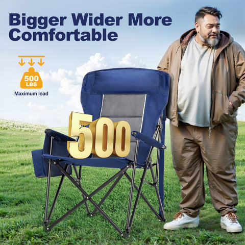 LET'S CAMP Oversized Camping Chairs High Back Heavy Duty Lawn Chair Support 500LBS, Portable Collapsible Chair with Cup Holder, Side Pocket(Blue)