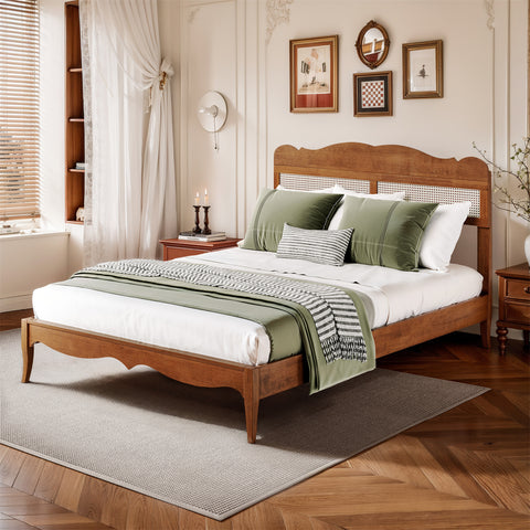 Classic Wooden Bed Frame with Rattan Headboard