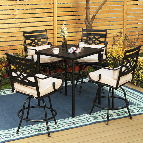 PHI VILLA Patio Bar Stool Set 46"Classic Cast Iron Pattern Back High Bar Stools & Geometrically Stamped High Table
