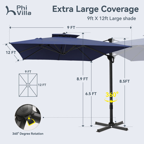 9X12ft Rectangular Outdoor Cantilever Offset Umbrella for Garden, Pool