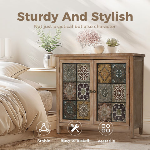 Antique Metal Block Veneer Accent Cabinet