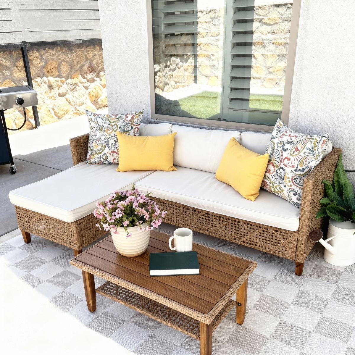 Boho Style Outdoor Wicker Conversation Sofa set with Acacia Wood Coffee Table
