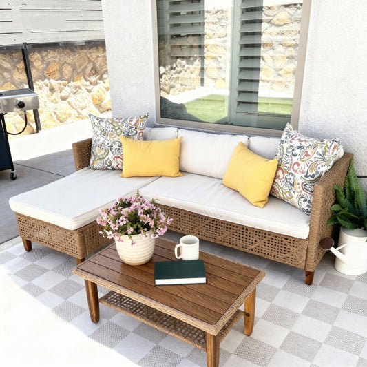 Boho Style Outdoor Wicker Conversation Sofa set with Acacia Wood Coffee Table