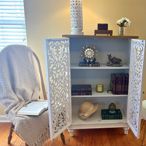 Tall Accent Storage Cabinet with Decorative Carved Design