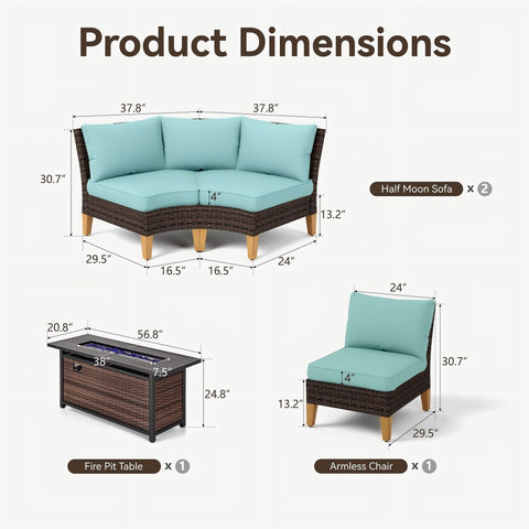7-Seat Luxurious Half-moon Rattan Sofa with 56" Rattan Fire Pit Table