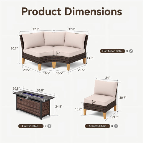 7-Seat Luxurious Half-moon Rattan Sofa with 56" Rattan Fire Pit Table