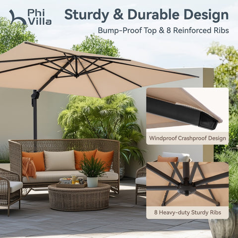 Extra Large Patio Cantilever Umbrella with 7 Tilt & 360° Rotation for Garden and Pool