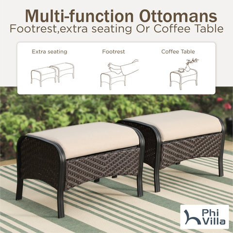 2-Seater Rattan-steel Cushioned Outdoor Conversation Set with Ottomans