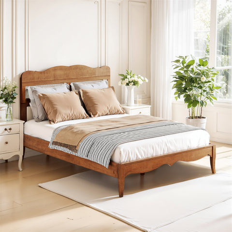 Classic Wooden Bed Frame with Rattan Headboard