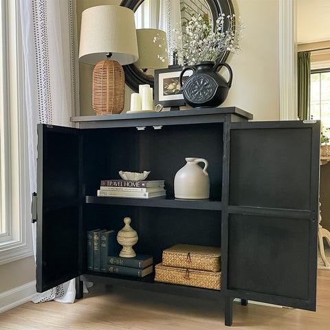 Black Accent Cabinet with Carved Floral Design