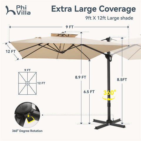 9X12ft Rectangular Outdoor Cantilever Offset Umbrella for Garden, Pool