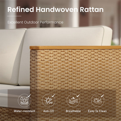Outdoor Rattan Conversation Sofa Set with Acacia Wood Coffee Table