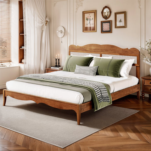 Classic Wooden Bed Frame with Rattan Headboard