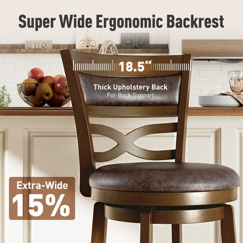 PHI VILLA Rustic Wood Bar Stool with Unique X-Shaped Upholstered Back for Kitchen