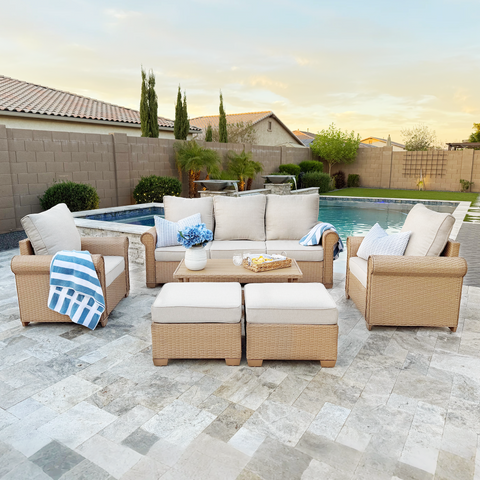 Luxury 5 Seats Wicker Patio Conversation Sofa Set with Wider Armrests