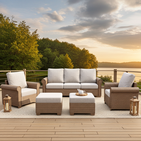 Luxury 5 Seats Wicker Patio Conversation Sofa Set with Wider Armrests