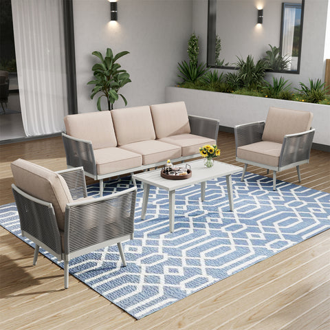 5 Seats Wicker Patio Conversation Sofa Set with Classic Rope Rattan Style