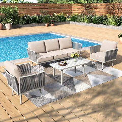 5 Seats Wicker Patio Conversation Sofa Set with Classic Rope Rattan Style