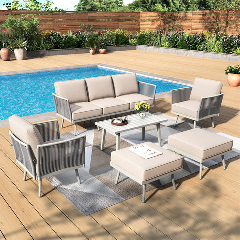 5 Seats Wicker Patio Conversation Sofa Set with Classic Rope Rattan Style