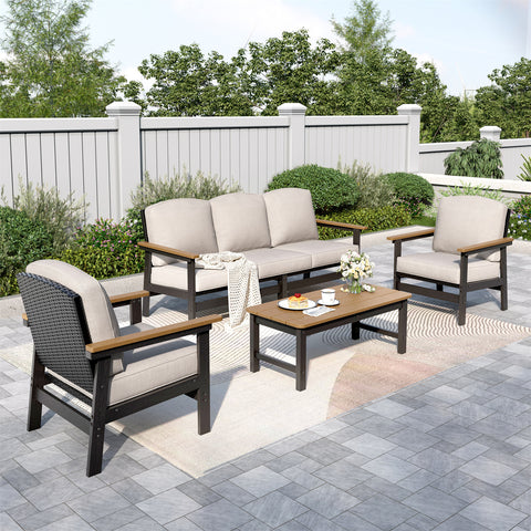 5-Seater Wicker Rattan & HDPE Outdoor Conversation Sofa Set with Coffee Table