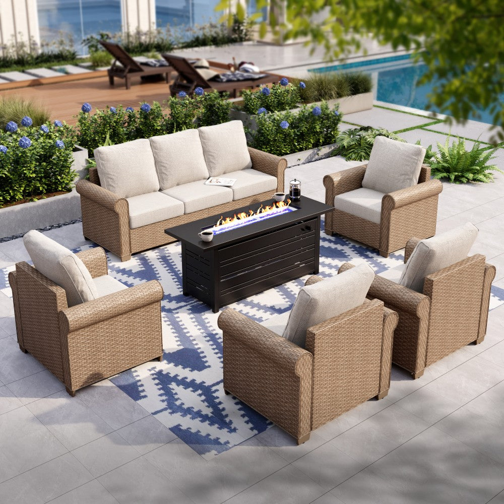 Luxury Wicker Patio Conversation Sofa Set with Fire Pit Table