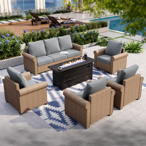 Luxury Wicker Patio Conversation Sofa Set with Fire Pit Table