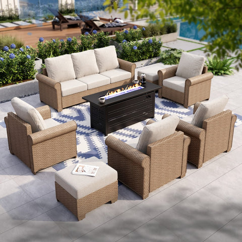Luxury Wicker Patio Conversation Sofa Set with Fire Pit Table