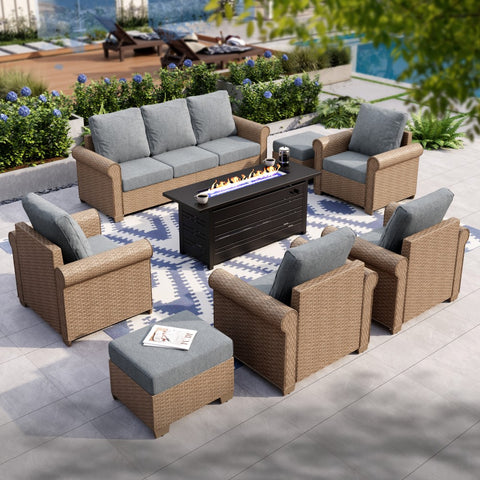 Luxury Wicker Patio Conversation Sofa Set with Fire Pit Table