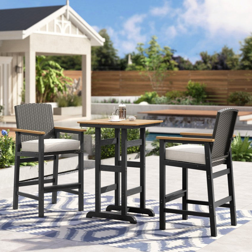 3-Piece Outdoor High Bar Top Table Set with HDPE Wicker Stools & Wood-Like Table