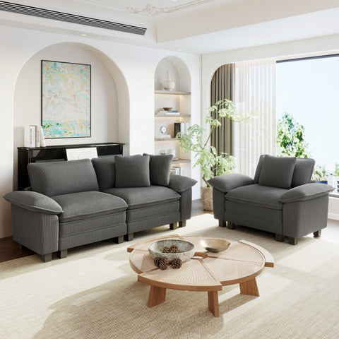 Gray 3 seater corduroy sectional cloud couch for living room