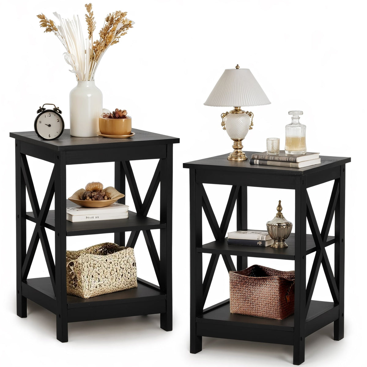 Black End Table Side Table for Living Room, Set of 2